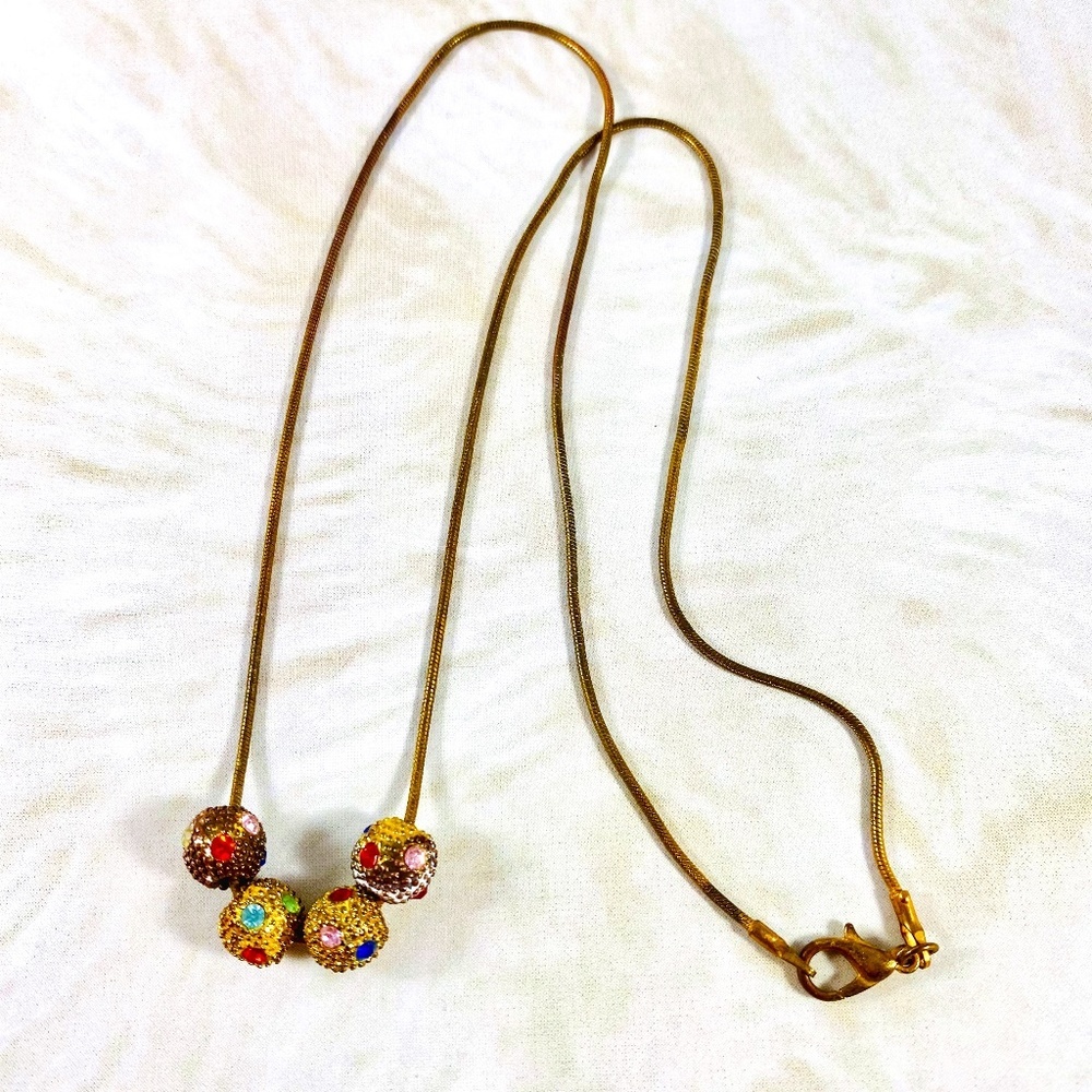 Vintage gold-tone 18" chain with 4 rhinestone glitter balls necklace